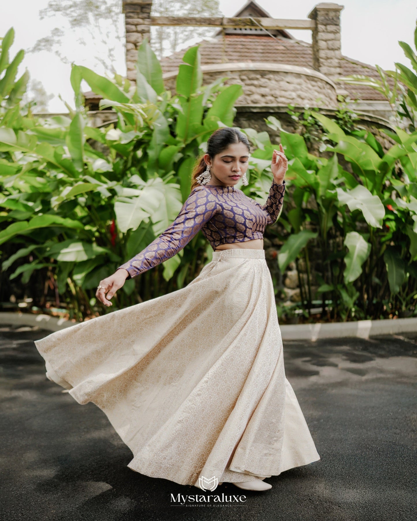 Indigo Crop Blouse and Ivory Flared Skirt