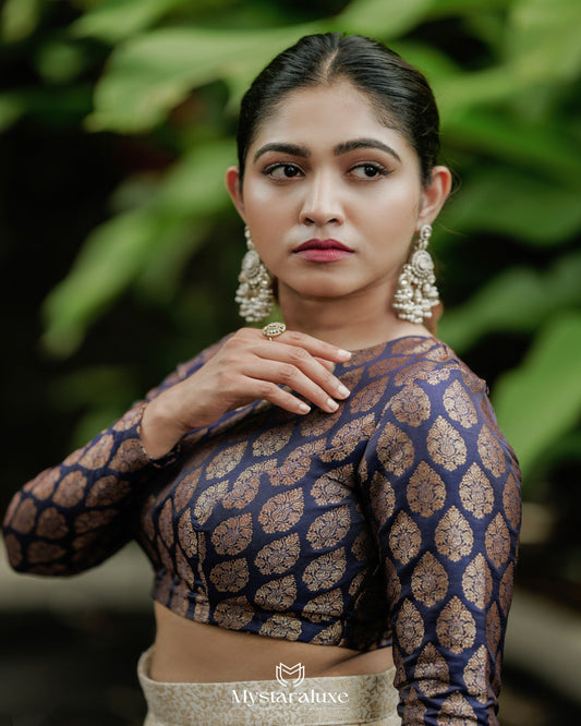 Indigo Crop Blouse and Ivory Flared Skirt