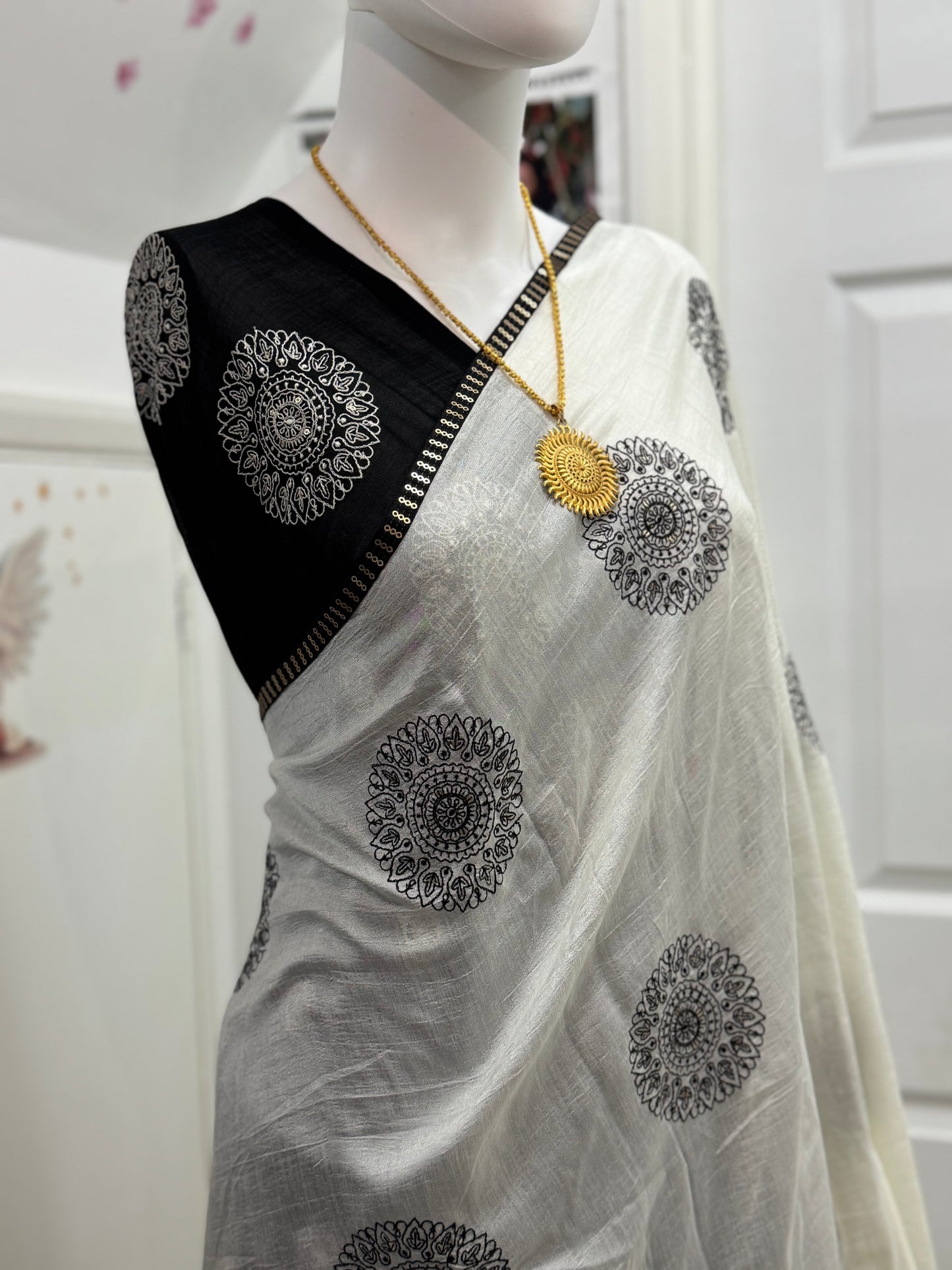 Silvery Silk saree with black embroidery