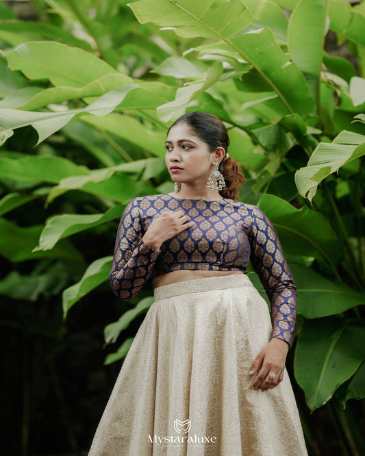 Indigo Crop Blouse and Ivory Flared Skirt