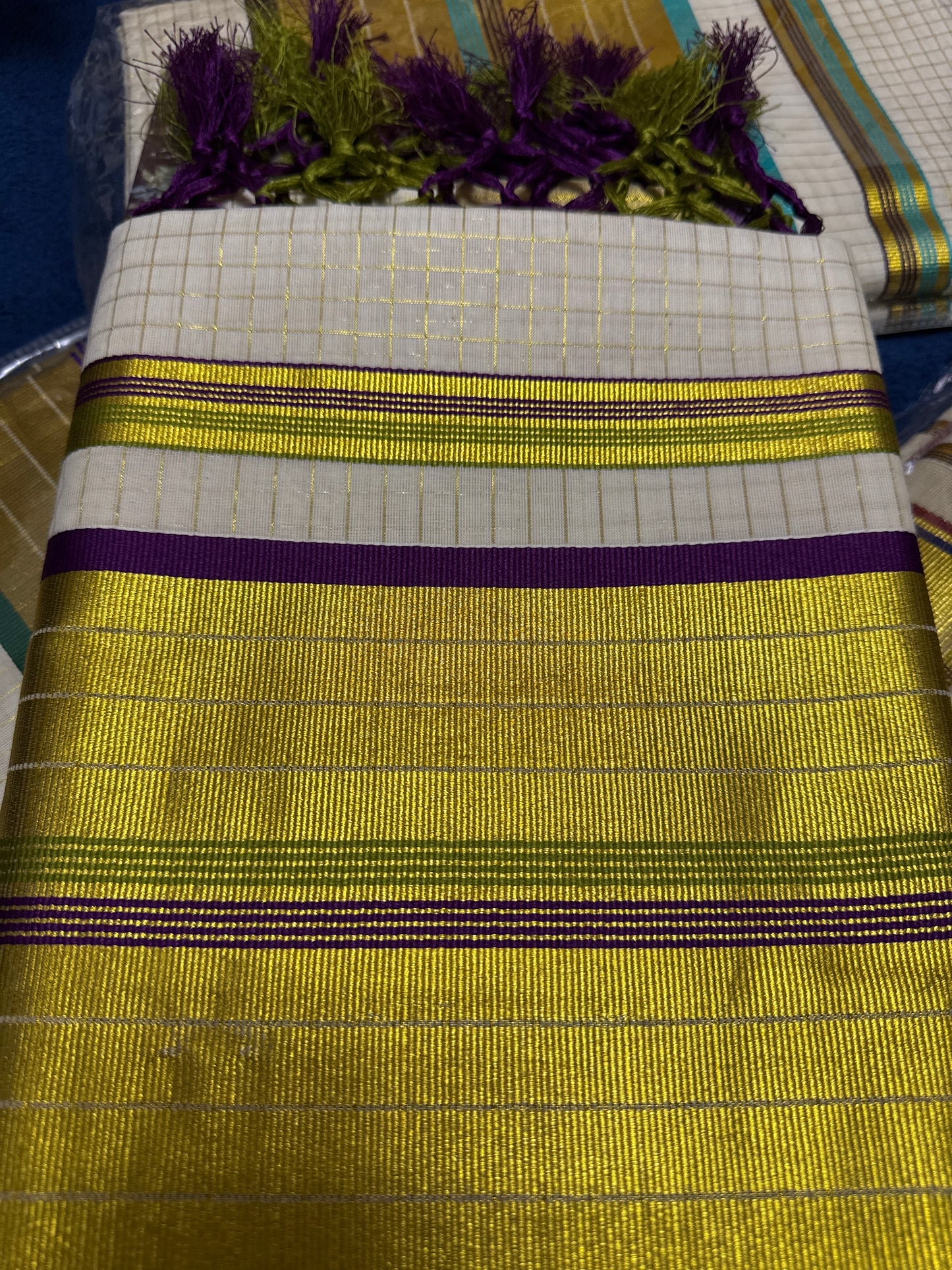 Kerala Set Saree with golden zeri checks