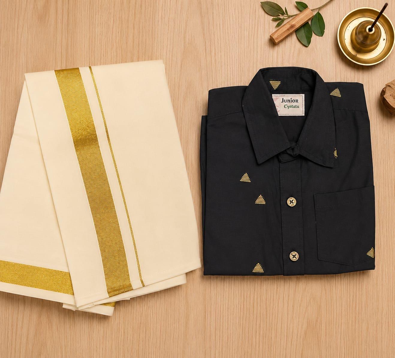 Black shirt with a classic kasavu mundu