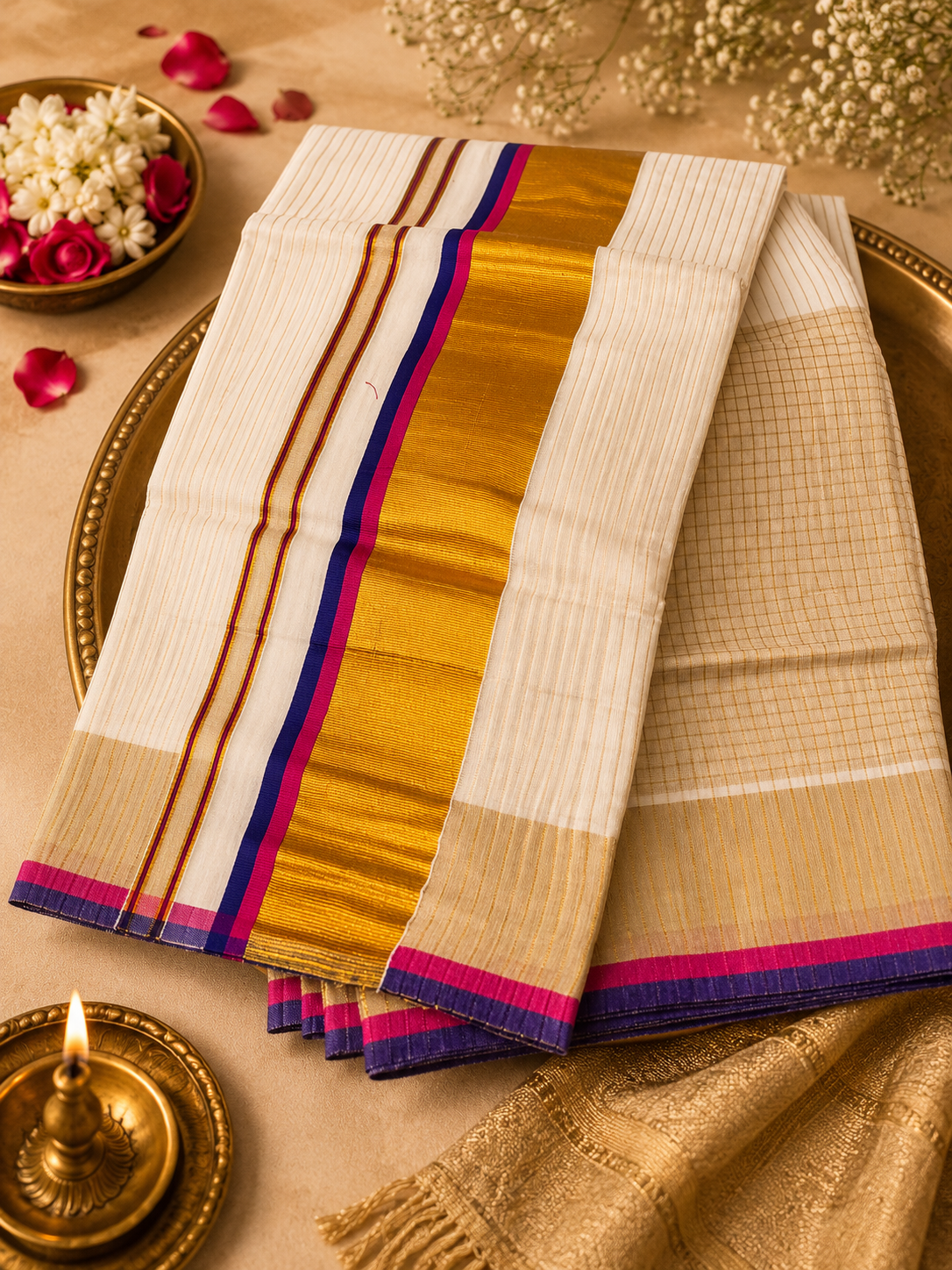 Premium Striped Double Shade kerala Kasavu Saree