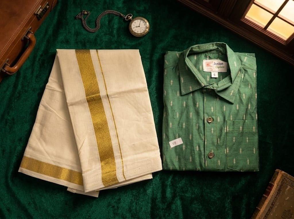 Boys Kasavu Mundu & Green Shirt Set