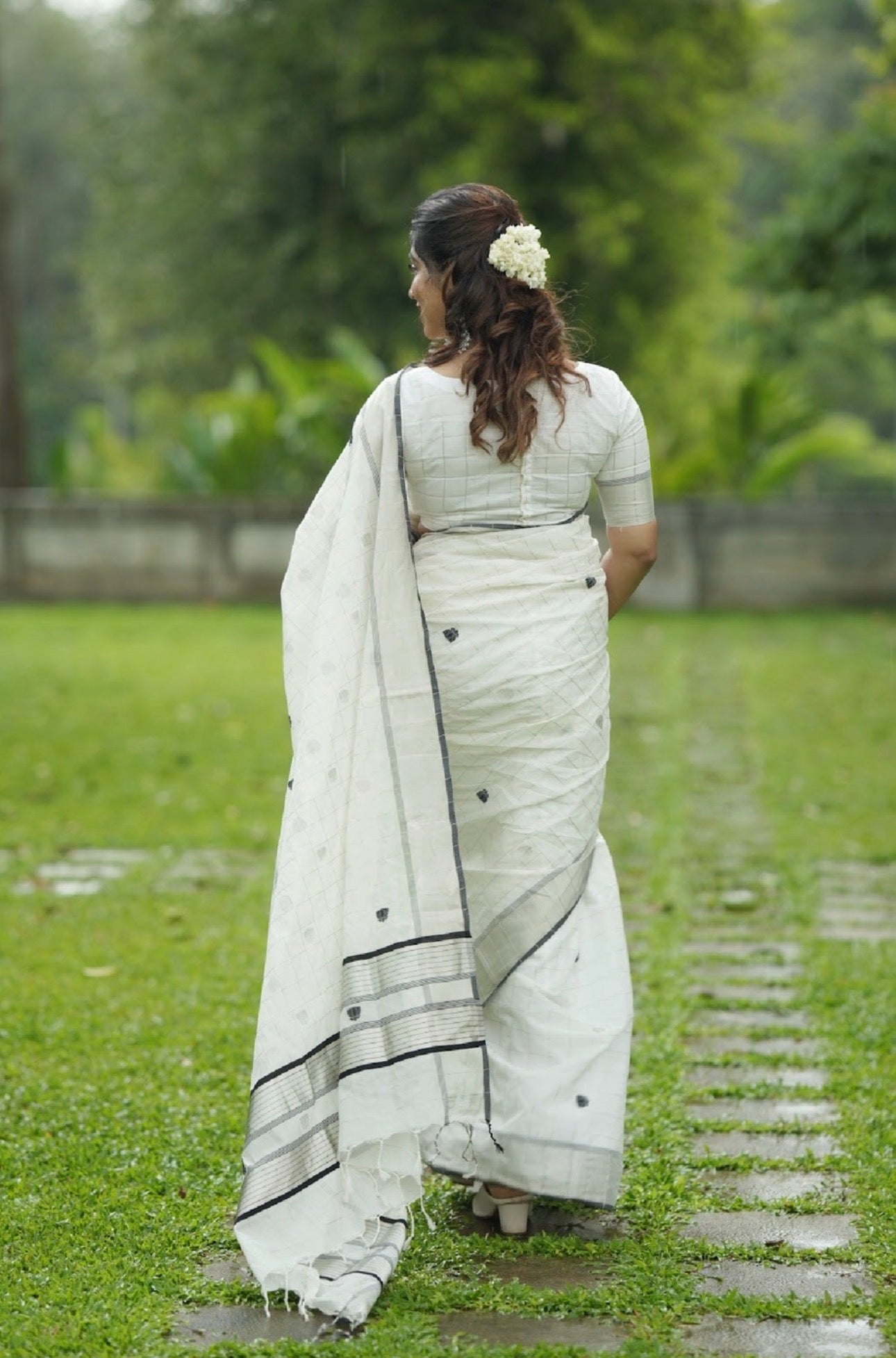 Pure Handloom Saree with Silver Border and Black Lotus Motifs(Pre Order )