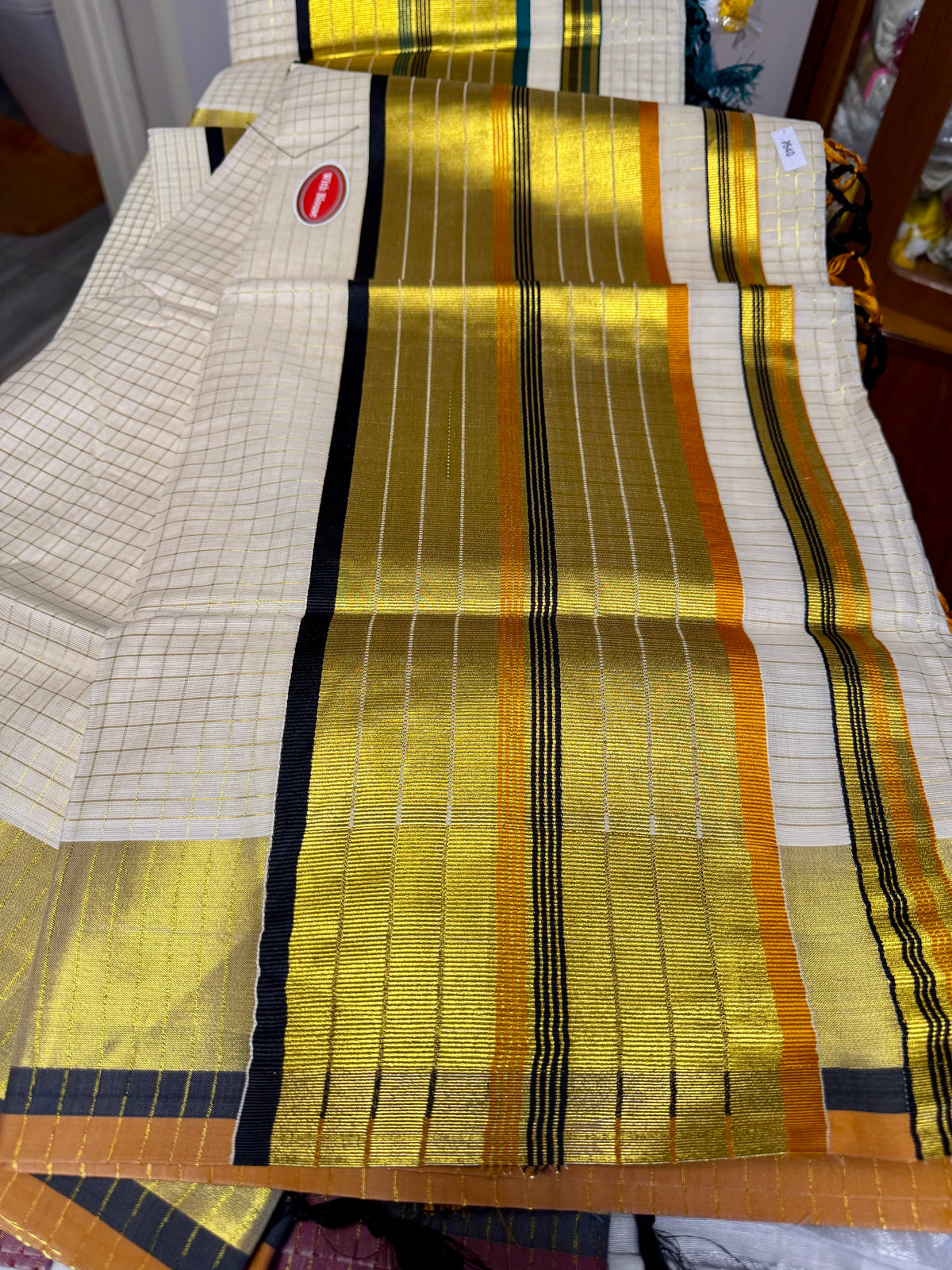 Kerala Set Saree with golden zeri checks