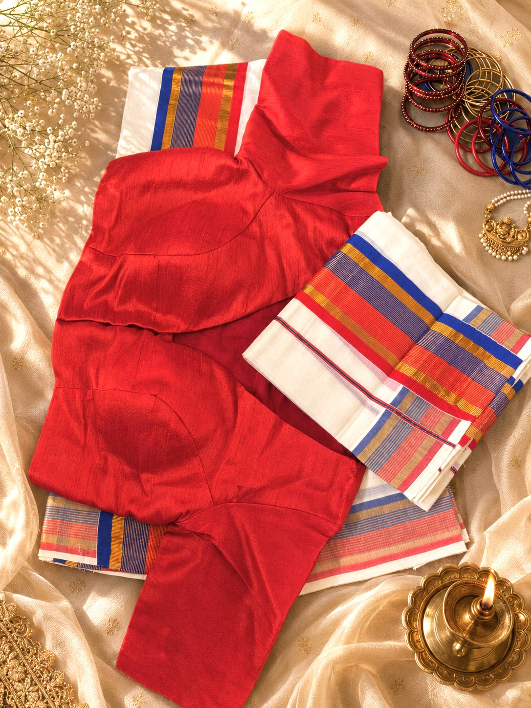 Classic Kerala Kasavu settu mund with Semi silk V neck blouse