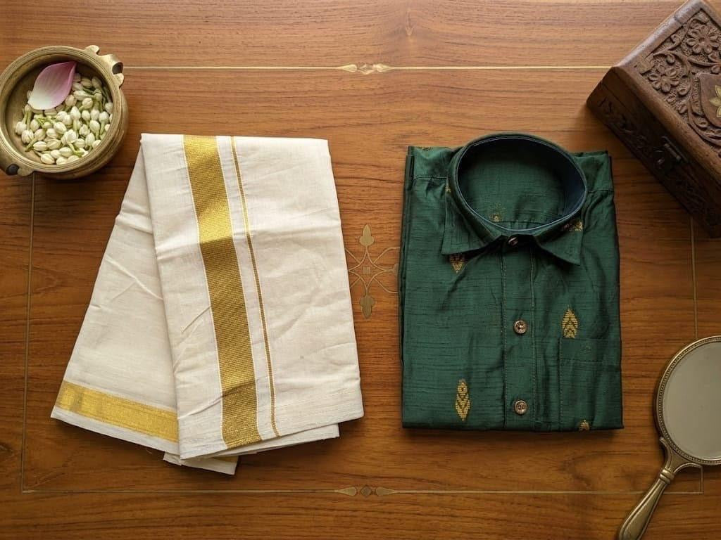 emerald green shirt with a classic kasavu mundu