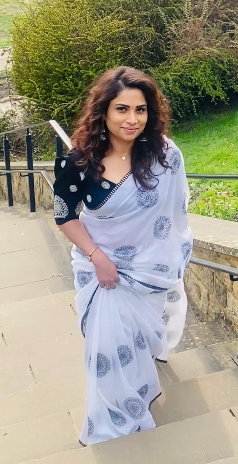 Silvery Silk saree with black embroidery