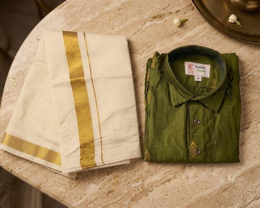 Boys Kasavu Mundu & Green Shirt Set