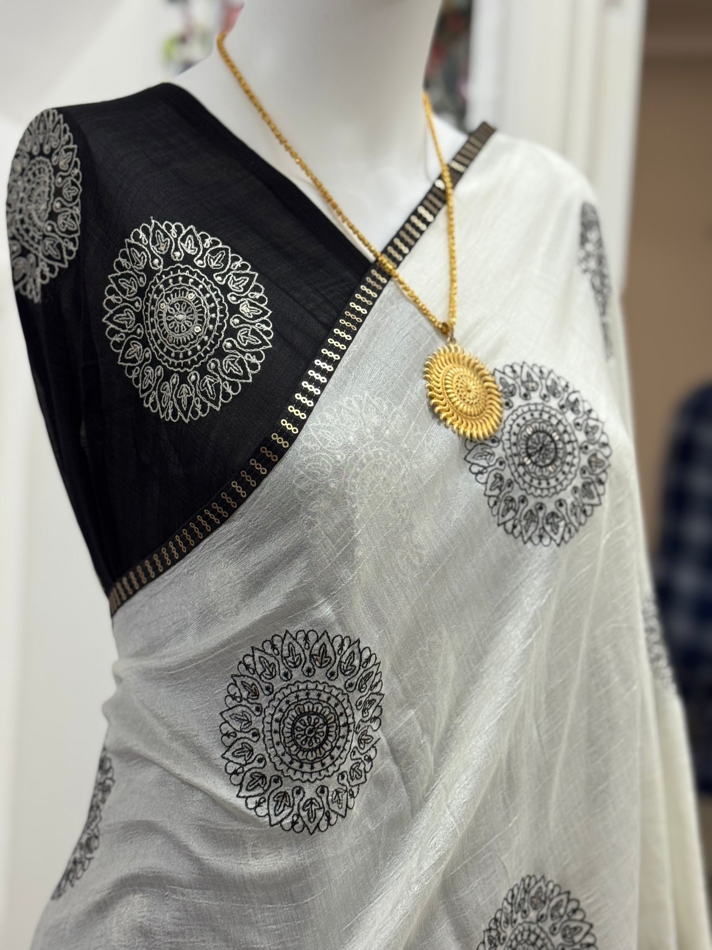 Silvery Silk saree with black embroidery