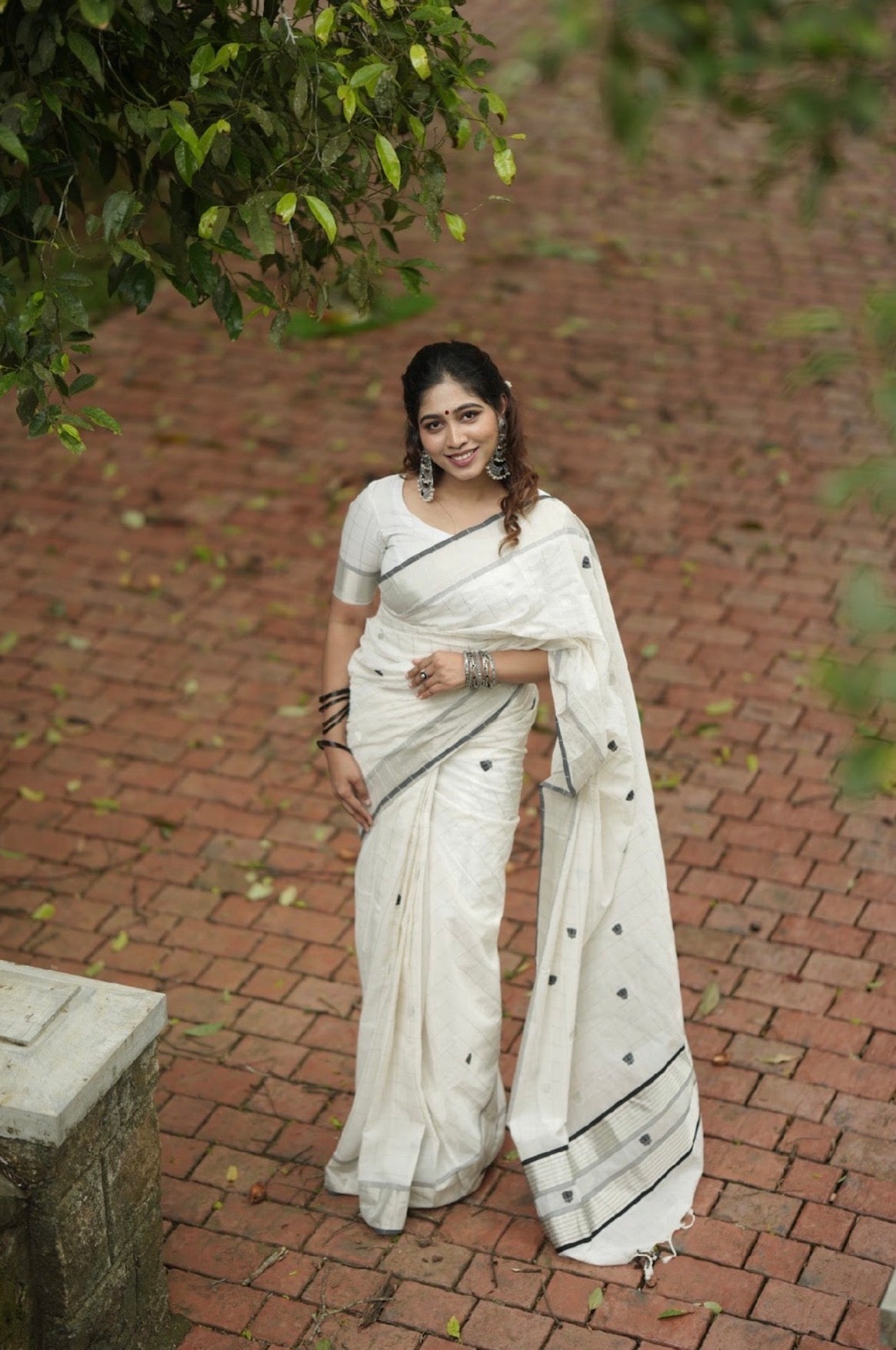 Pure Handloom Saree with Silver Border and Black Lotus Motifs(Pre Order )