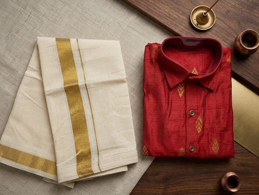 Classic Boys Kasavu Mundu & Shirt Set