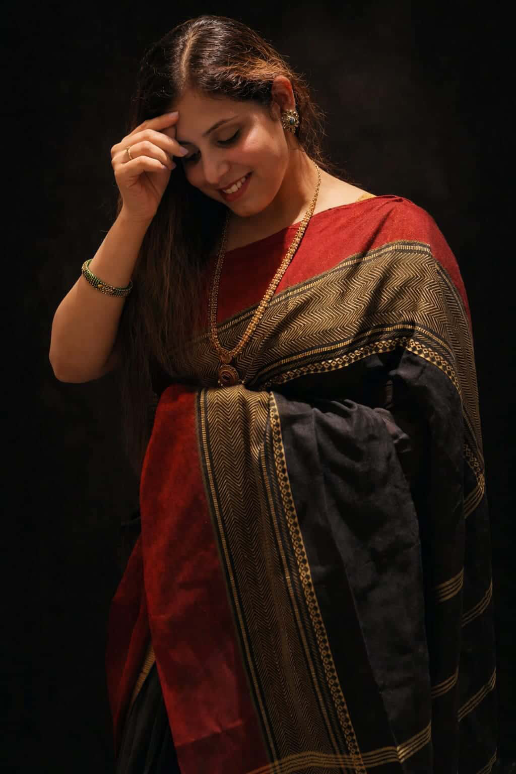 Red and black cotton saree