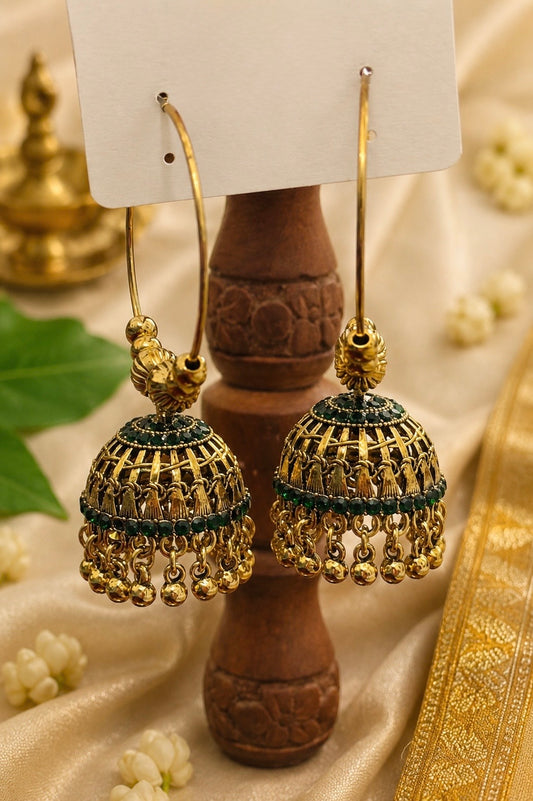 Traditional Hoop Jhumka Earrings with green beaded detailing