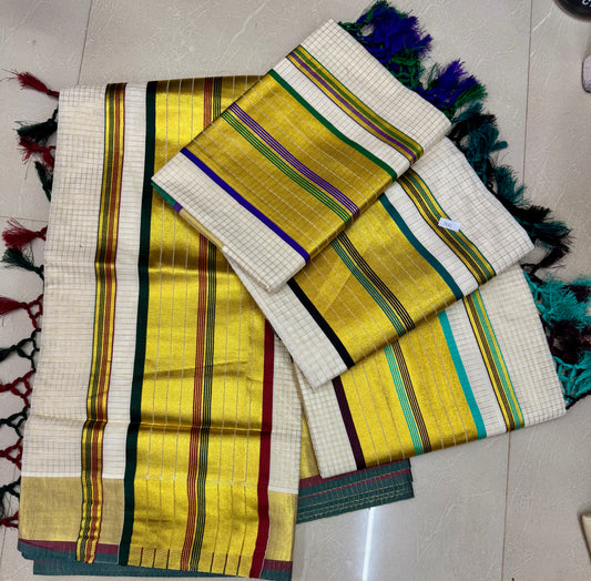 Kerala Set Saree with golden zeri checks