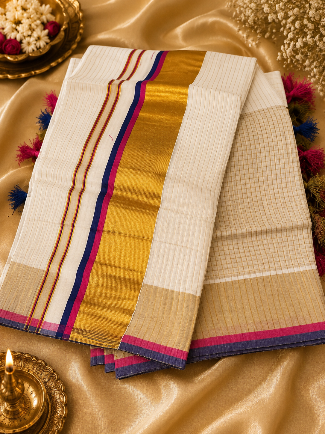 Premium Striped Double Shade kerala Kasavu Saree