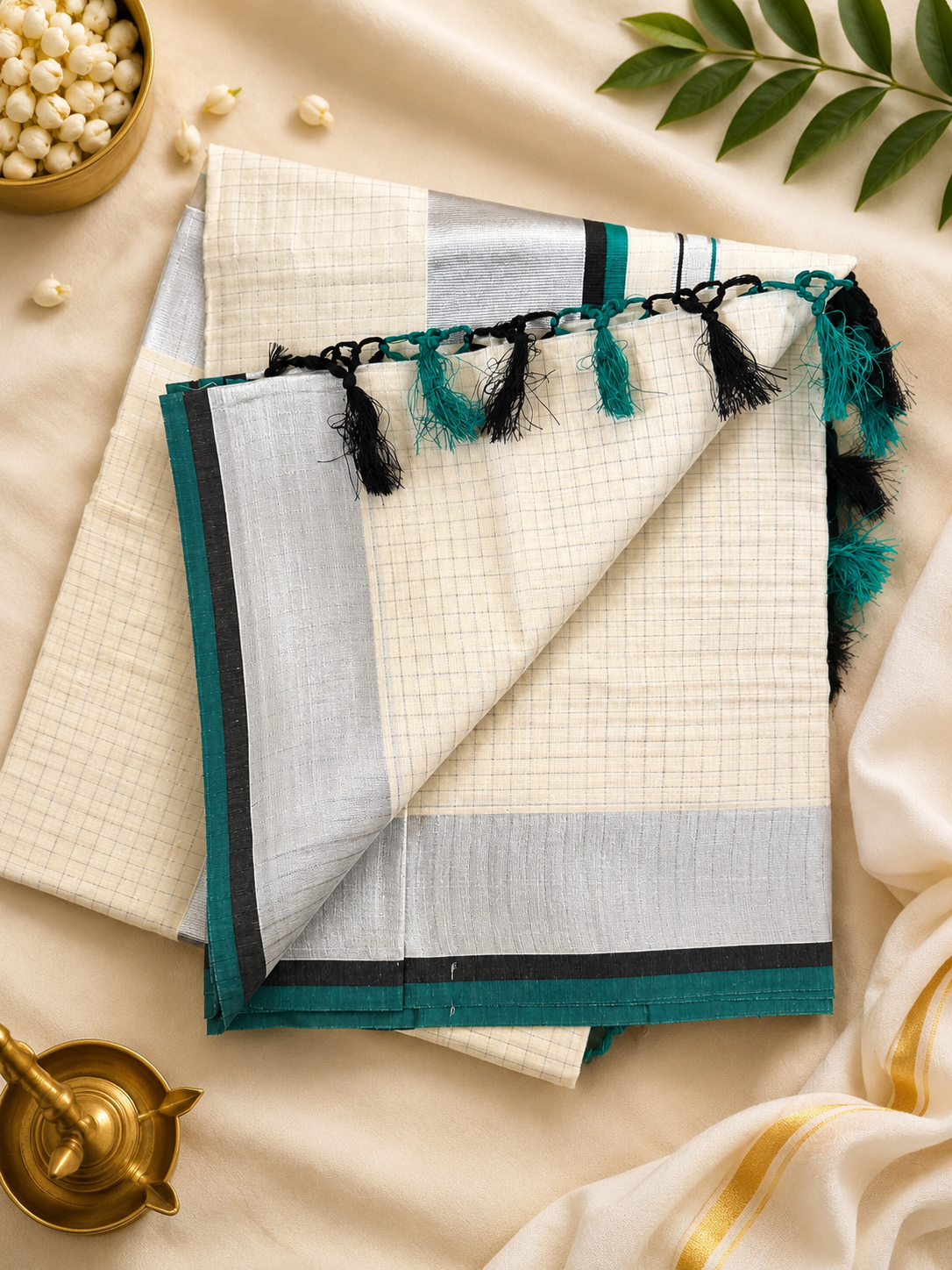 Silver Kasavu Check Saree with Emerald Border