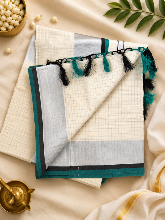 Silver Kasavu Check Saree with Emerald Border