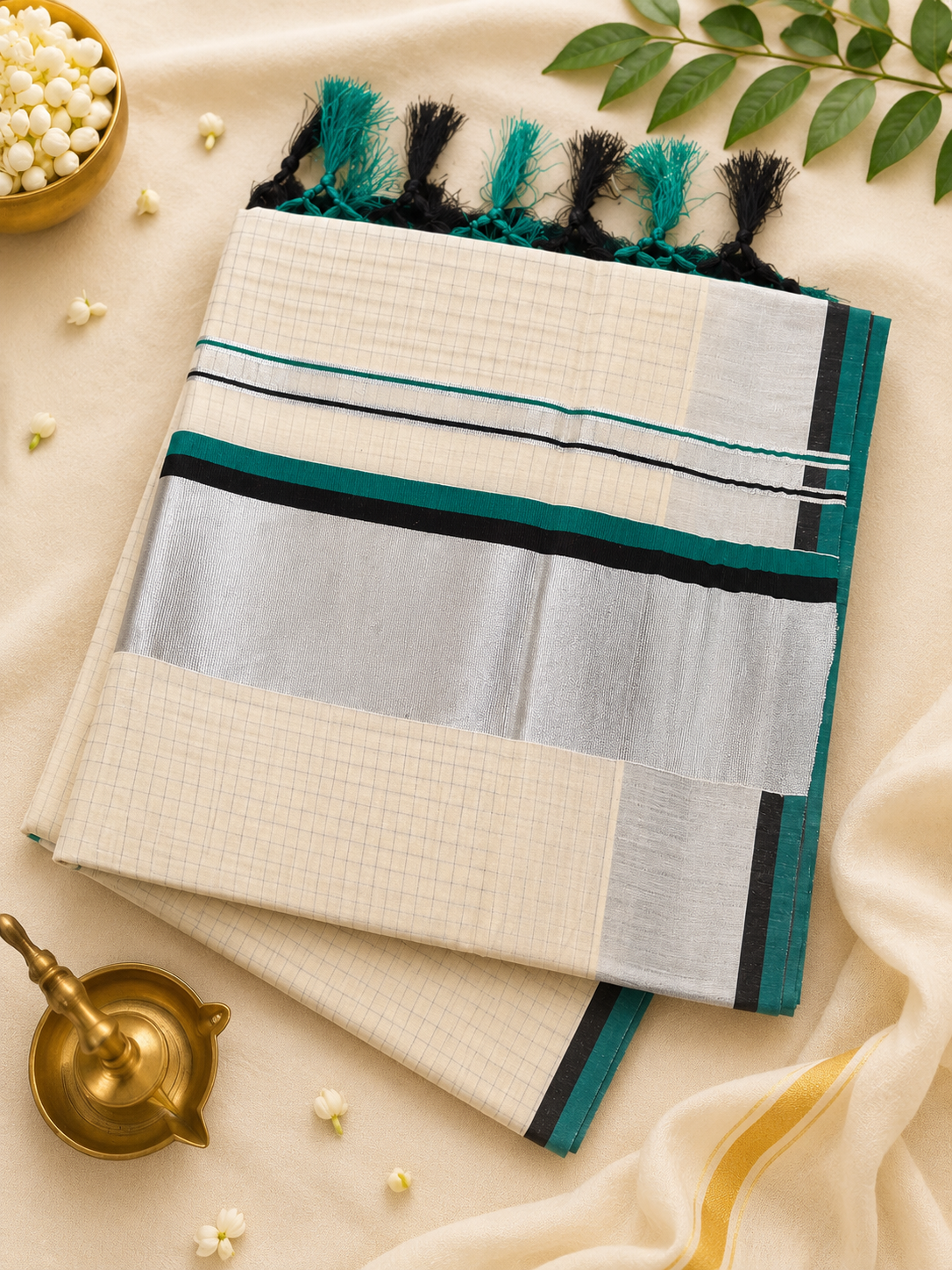 Silver Kasavu Check Saree with Emerald Border