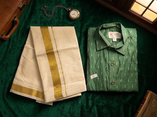 Boys Kasavu Mundu & Green Shirt Set