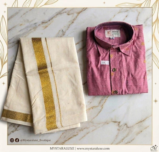Boys Kasavu Mundu & Pink Shirt Set