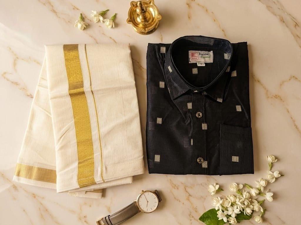 Boys Kasavu Mundu & Black Shirt Set