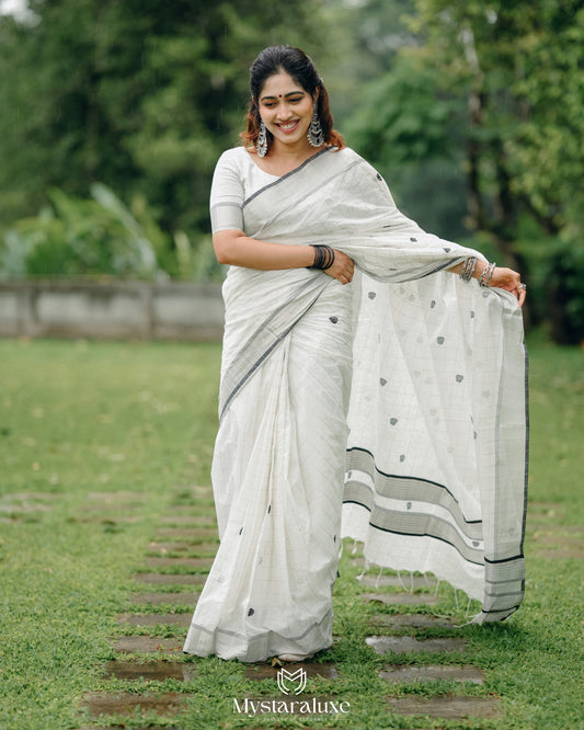 Pure Handloom Saree with Silver Border and Black Lotus Motifs(Pre Order )